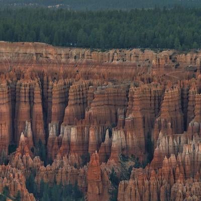 層を成す赤い岩柱が連なるブライスキャニオンの壮大な峡谷景観の写真