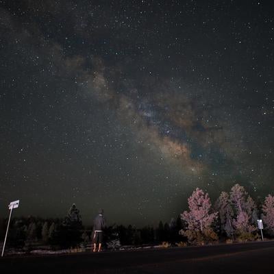 ブライスキャニオン国立公園で天の川を見上げる人の写真