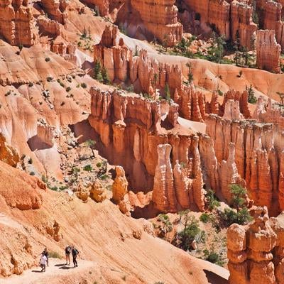 ブライスキャニオン国立公園の赤い峡谷を歩くハイカーたちの冒険の写真