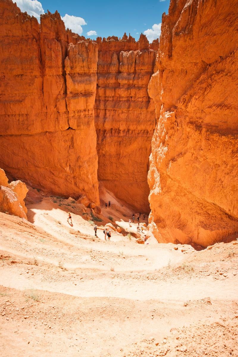 赤い岩壁の峡谷を下る砂の道とハイカー集団