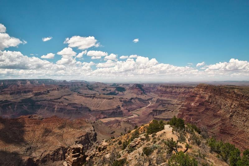 The Magnificent View of the Grand Canyon Against Blue Skies and White Clouds