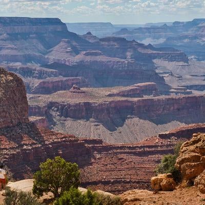 グランドキャニオンの壮大な谷を望む観光者の眺めの写真