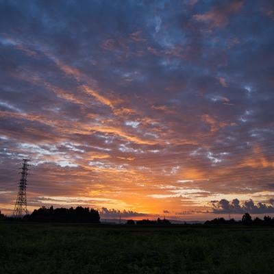 畑越しに広がる朝焼けと鉄塔の素材