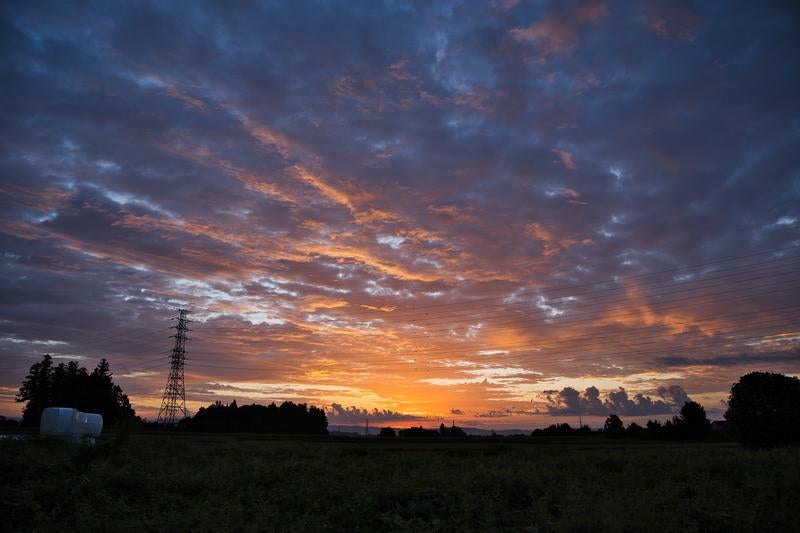 畑越しに広がる朝焼けと鉄塔の写真