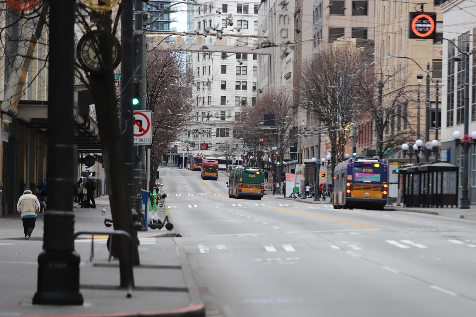 「大通りに並ぶバスとシアトルの街並み」の写真
