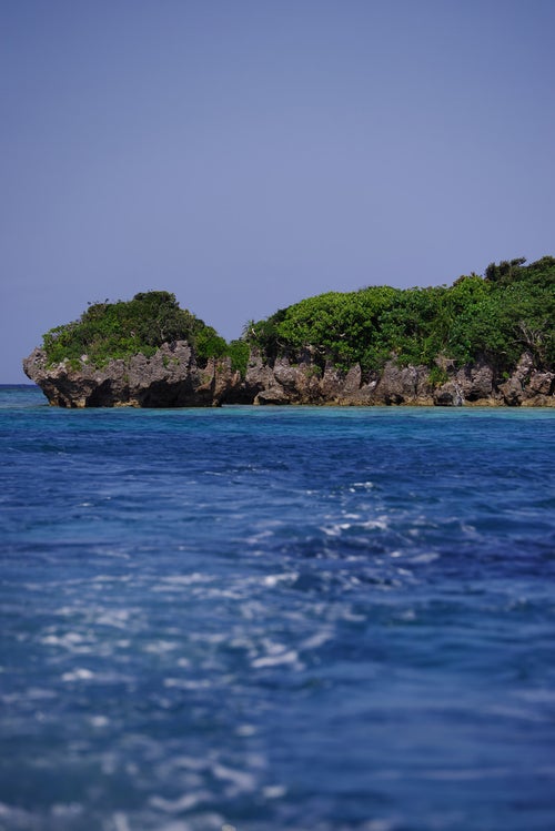 青い海と緑の生い茂った島（沖縄県）の写真