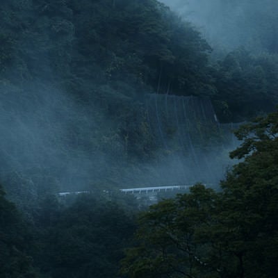 霧深い山奥に見える車道とガードレールの写真