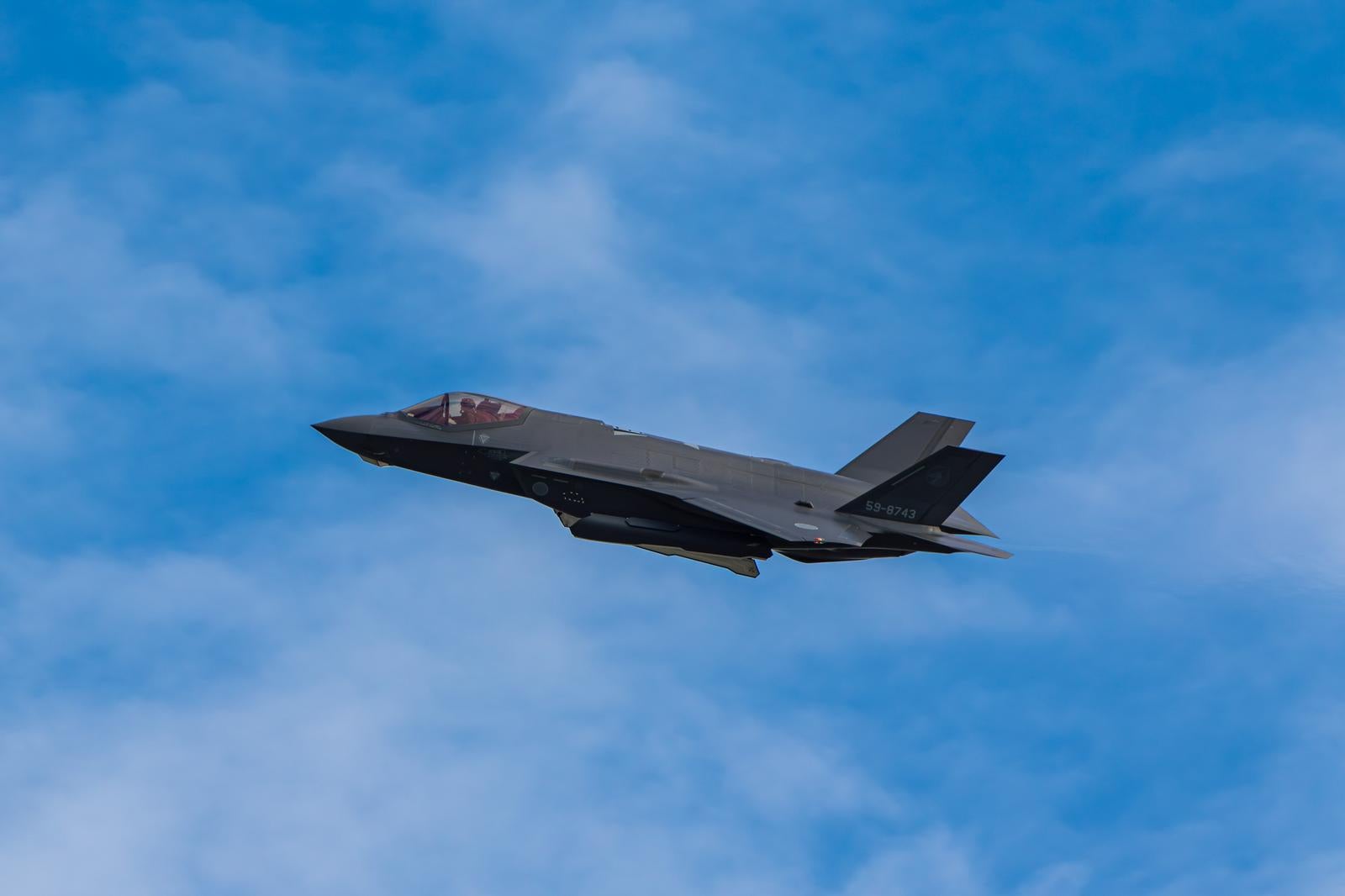 白い雲が浮かぶ青空を飛行する航空自衛隊のグレーのステルス戦闘機