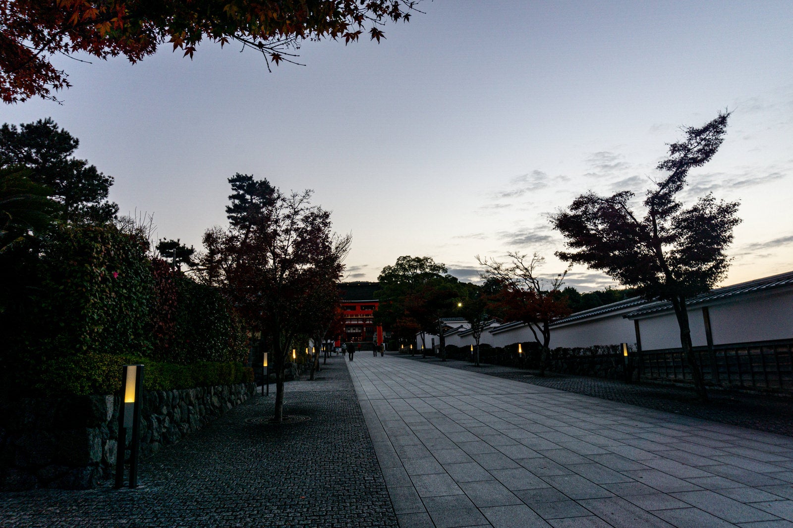 「白み始めた東の空とまだ灯りが残る石畳の参道」の写真