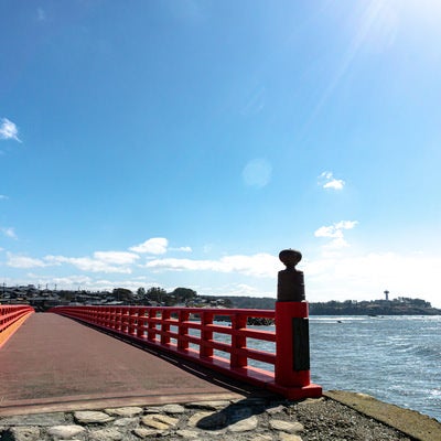 雄島から見る橋の向うの景色の写真