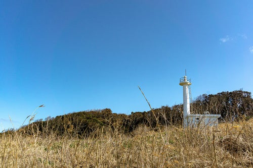島西側の岩場付近から見上げた雄島灯台の写真