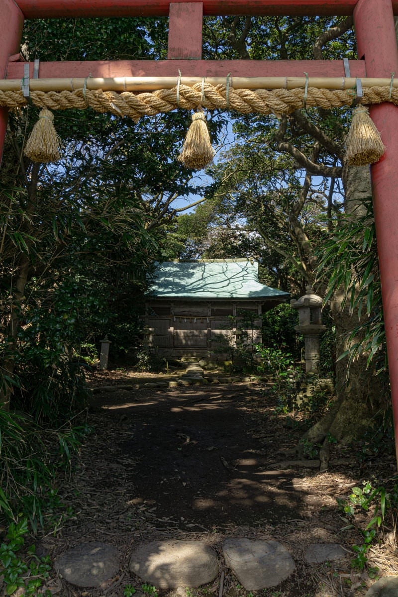 「雄島大湊神社の海に向かって建つ鳥居から見る拝殿」の写真