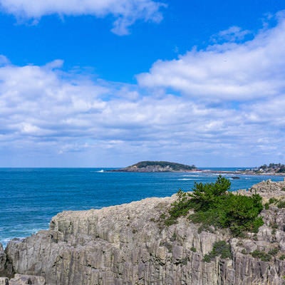 東尋坊の切り立った崖の向うに打ち寄せる波が白く見える雄島の写真