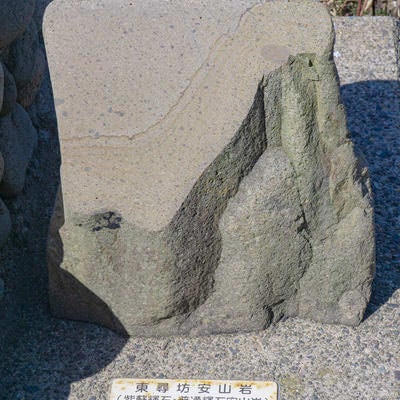 遊歩道に置かれた東尋坊安山岩の標本の写真