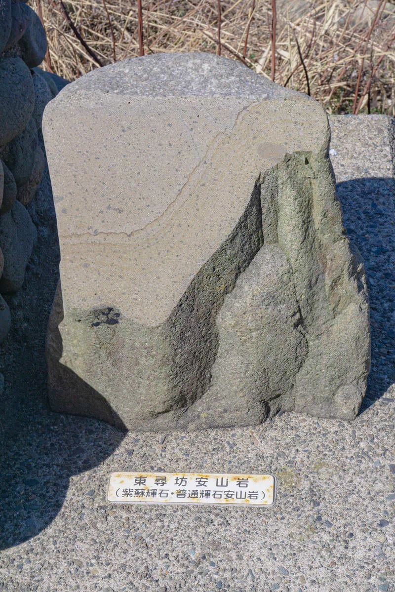 「遊歩道に置かれた東尋坊安山岩の標本」の写真