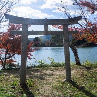 大沢池の天神島に建つ石の鳥居から大沢池を眺めるの写真