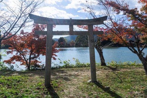 大沢池の天神島に建つ石の鳥居から大沢池を眺めるの写真