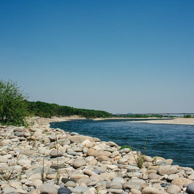 丸いコロコロした石だらけの河原と緩やかな木曽川の流れの写真
