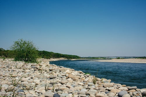 丸いコロコロした石だらけの河原と緩やかな木曽川の流れの写真