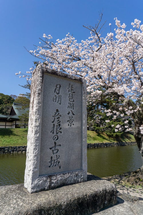 お堀のほとりに建つ琵琶湖八景の石碑の写真