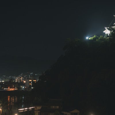 ライトアップされた犬山城と灯りを受けて輝く木曽川の向うに見える各務原市の街灯りの写真
