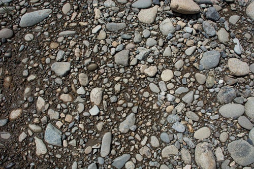 踏み固められたように石がいっぱい埋まっている河原の石（テクスチャー）の写真
