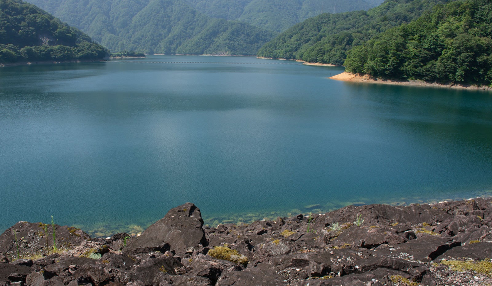 「天端から見る緑深い山に囲まれた九頭竜湖（福井県大野市）」の写真
