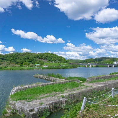 現在の頭首工上流左岸に残された明治用水旧頭首工跡の写真