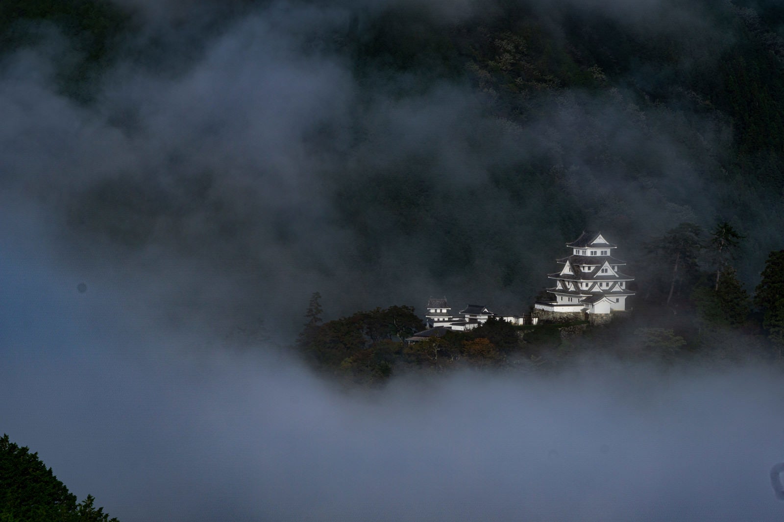 「岐阜県の天空の城と呼ばれる雲海の中に建つ郡上八幡城」の写真