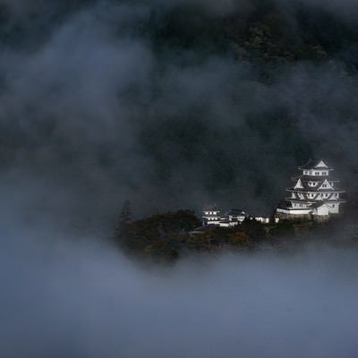 岐阜県の天空の城と呼ばれる雲海の中に建つ郡上八幡城の写真