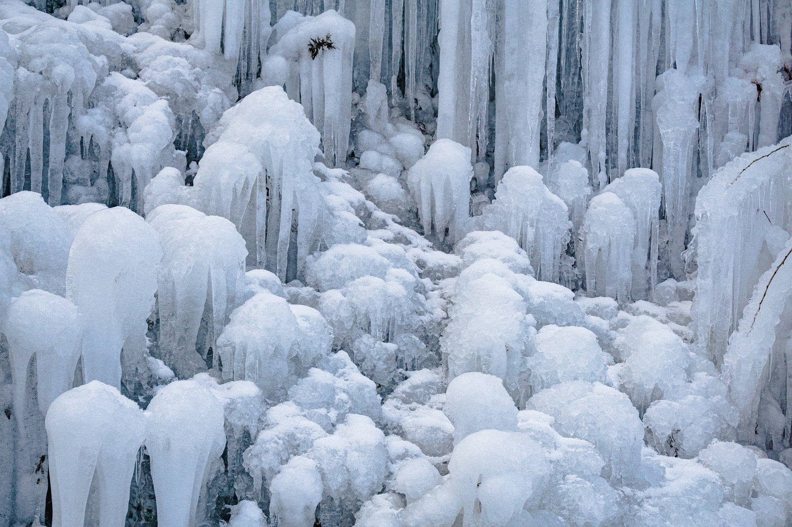 「近くで見るとまるで地面から生えているようにも見えるたくさんの氷柱」の写真