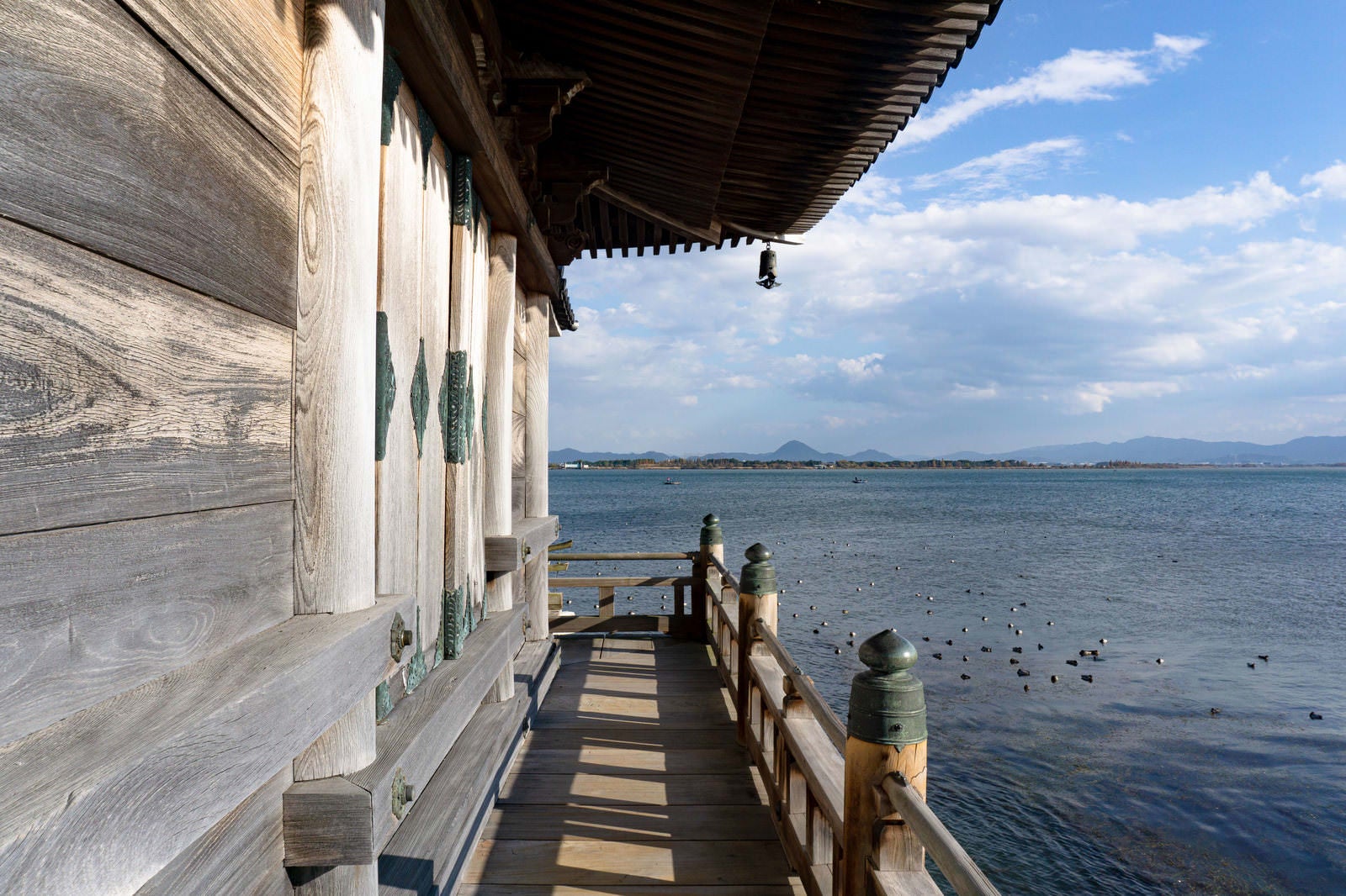 「多くの水鳥が休む琵琶湖の湖面を浮御堂回廊から眺める」の写真