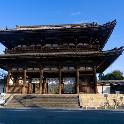 車が行き交う道路に面して建つ仁和寺の仁王門の写真