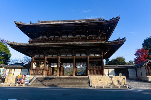 車が行き交う道路に面して建つ仁和寺の仁王門の写真