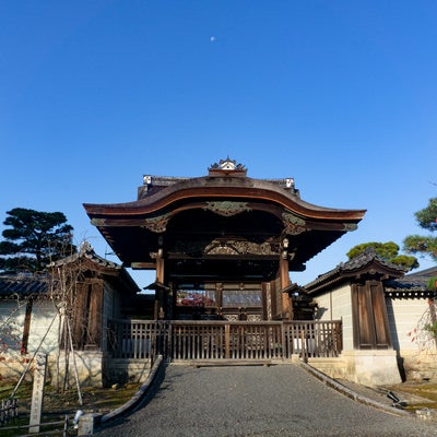 頭上に小さな朝の月を頂いた仁和寺の勅使門の写真