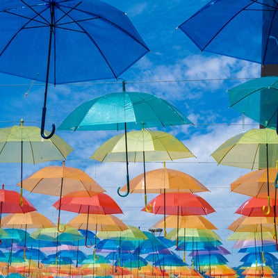 頭上を彩る沢山の色とりどりの傘（道の駅パレットピアおおの 岐阜県）の写真