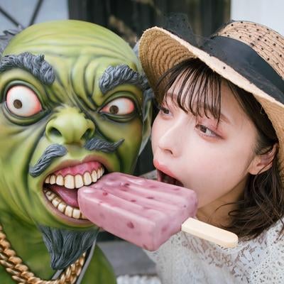 小豆アイスを頬張る妖怪「小豆洗い」と麦わら女子の写真